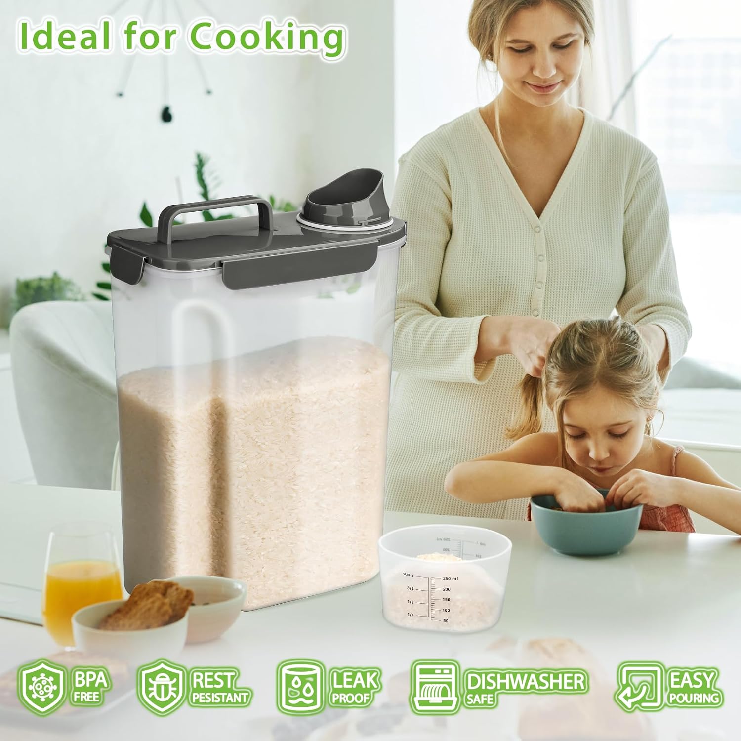 Rice Storage Container, 10 to 20lb Dry Food Airtight Dispenser, Pet Dog Cat Food Canister, BPA Free Clear Plastic Kitchen and Pantry Organization Bin for Oatmeal, Cereal, Pasta, Flour Grey