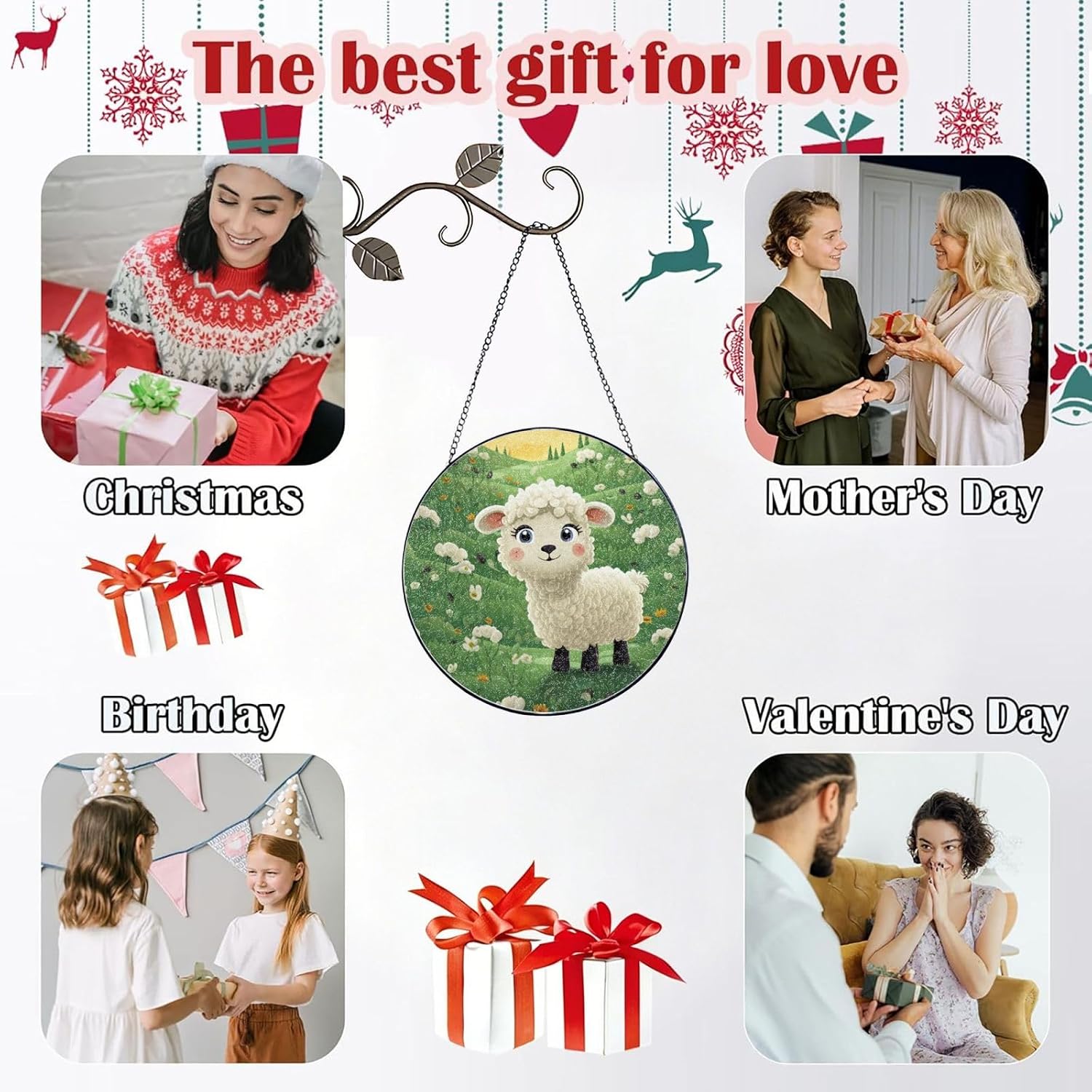 Stained Glass Window Hanging, 12in（30cm） Cute Cartoon Sheep Suncatcher