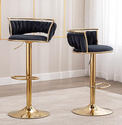 Miniatura 7 de DUOMAY Juego de 3 taburetes de bar giratorios modernos, de terciopelo de altura ajustable, respaldo bajo, isla de cocina, silla de bar con base