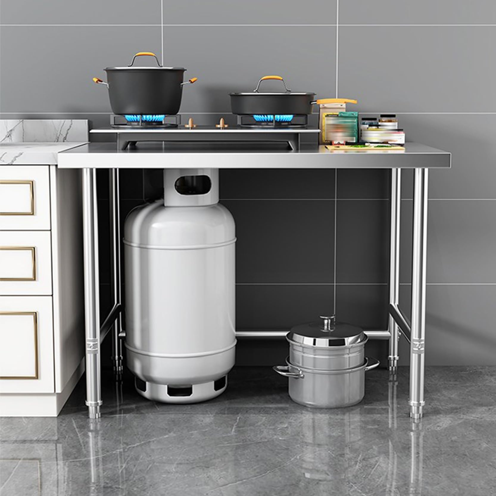 Tavolo di preparazione commerciale in acciaio inossidabile per cucina e cucina all'aperto Postazione di lavoro regolabile per ristoranti e lavanderie Tavolo da lavoro per imballaggio in metallo