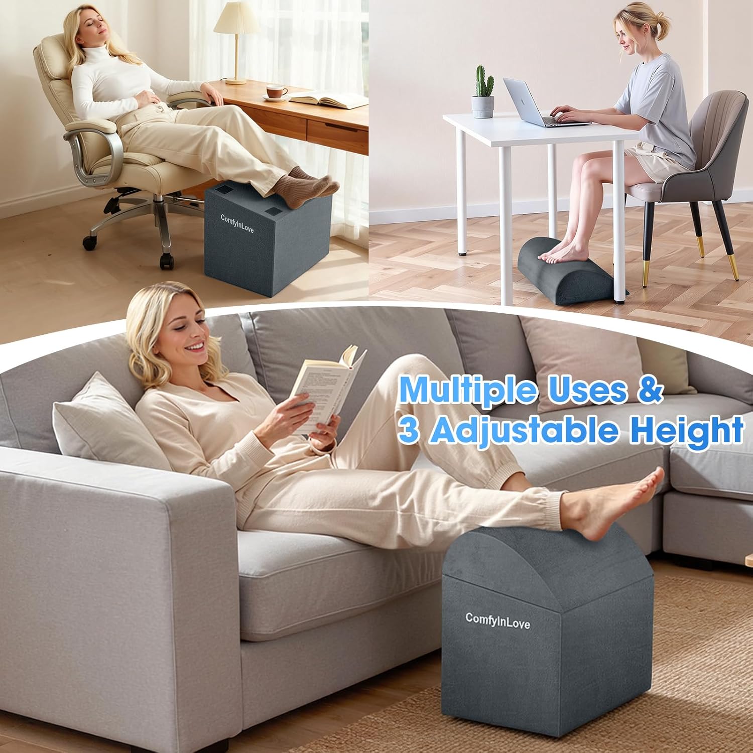 Foot Rest for Under Desk at Work - Non-Slip Foot Stool with 3 Adjustable Heights, Ergonomic Under Desk Footrest with Washable Cover for Desk, Home, Office, Car (Dark Grey)