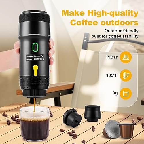Miniatura 5 de Máquina de café espresso eléctrica portátil, cafetera portátil para viajes, cafetera de café expreso autocalentable, compatible con café molido y