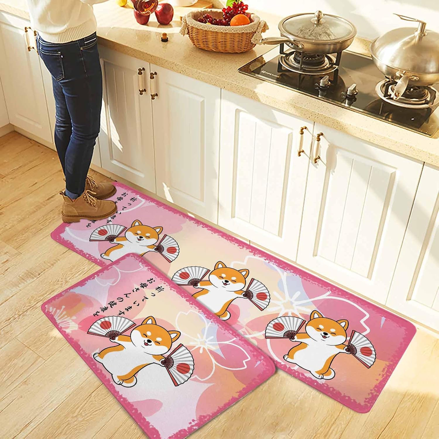 Japanese Cute Dogs Kitchen Rugs and Mats Set of 2, Non-Slip Kitchen Sink Mat, Pink Yellow Modern Abstract Waves Washable Doormat Bathroom Rugs Runner for Bedroom/Living Room 19.7"x31.5"+19.7"x63"