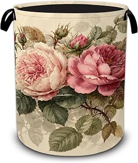 Vintage Peony Flower Laundry Basket,Foldable Oxford Laundry Hamper with Handles,Collapsible Clothes Storage Bucket Tote Bag for Laundry Room,Bathroom,Bedroom,Dorm