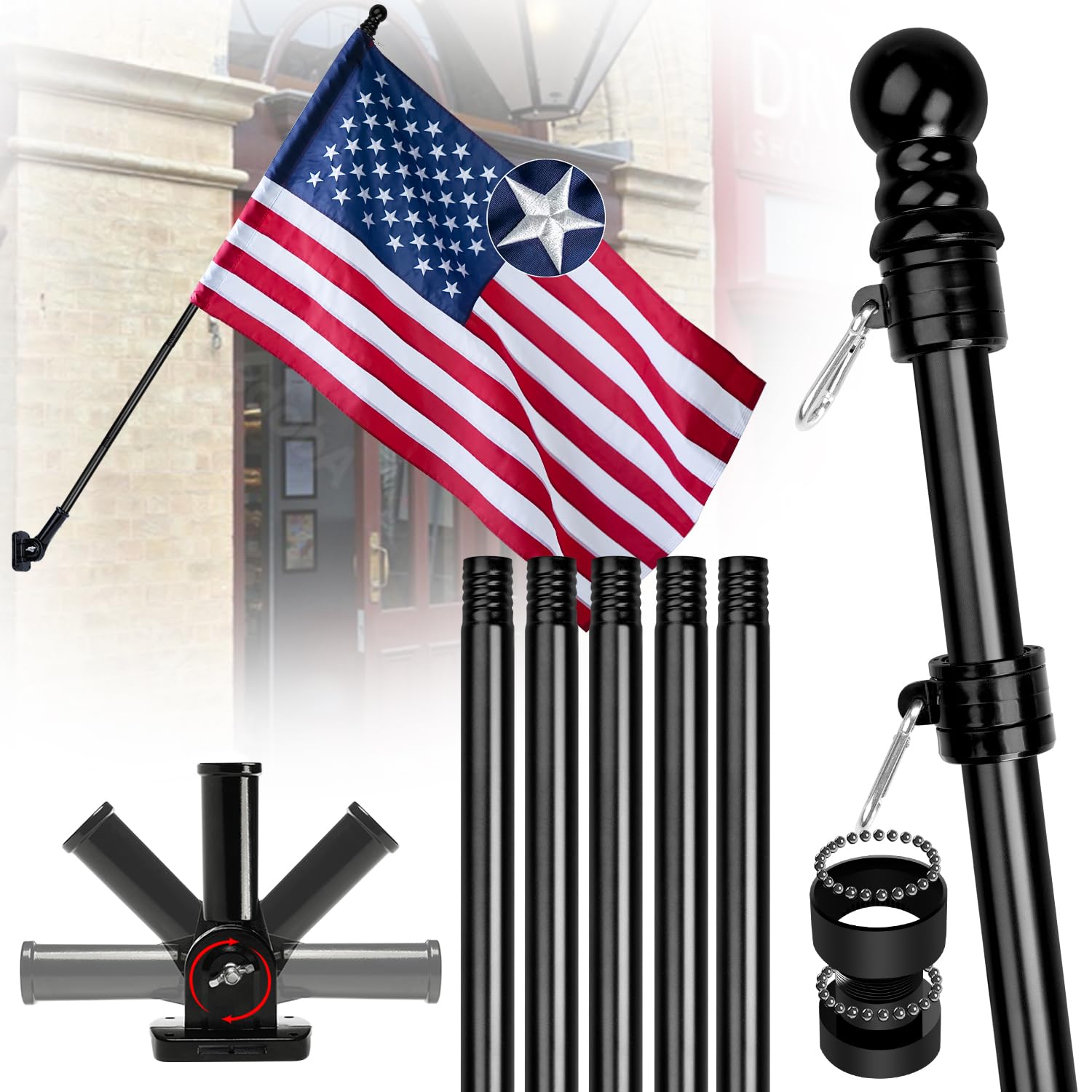 XIFAN Sleeved FLA with Poles for Outside House, 6ft Aluminum No Tangle Spinning Flag Pole, 180° Multi- Position Mounting Bracket, Wind Resistant Kit (Black)