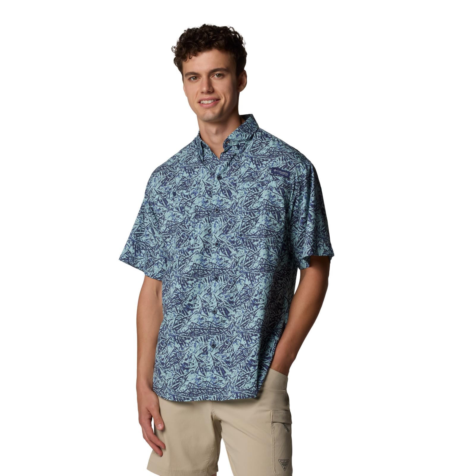 Columbia Men's Super Tamiami Long Sleeve Shirt, Crushed Blue Marlin Palms, Medium