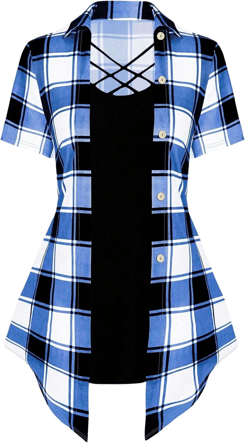 WDIRARA Women's Plus Size Plaid Crisscross Button Front Short Sleeve Tee 2 in 1 Asymmetrical Hem Top