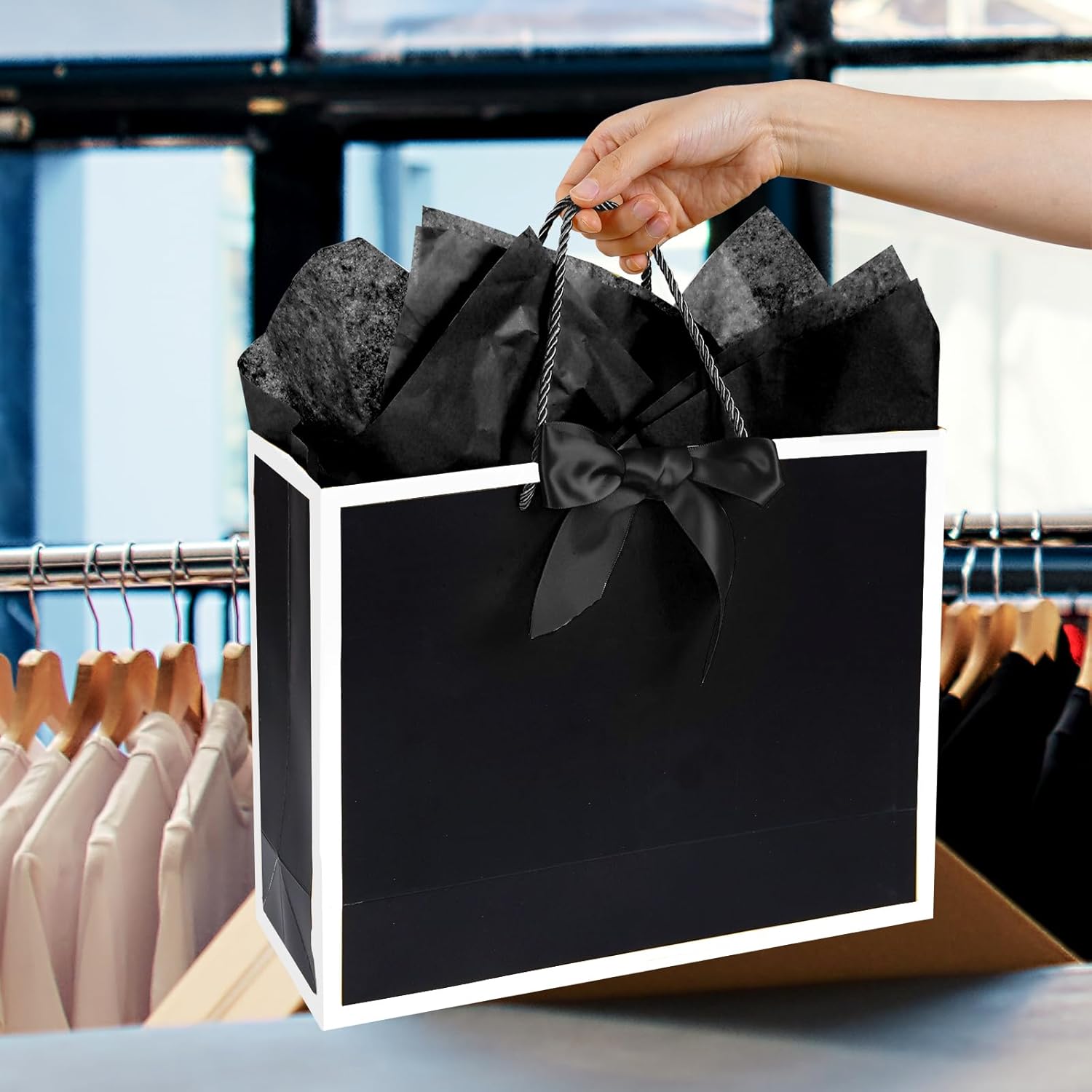 Plauthus Black Gift Bag with Ribbon, 13" Large Gift Bag with Handle, Greeting Card & 2 Tissue Paper（White Frame） Wrap Bag for Funeral Any Occasion - Image 6