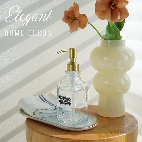 Miniatura 7 de JASAI Dispensador de jabón de vidrio cuadrado antiguo con bomba dorada a prueba de óxido, dispensador de jabón recargable con 10 calcomanías para