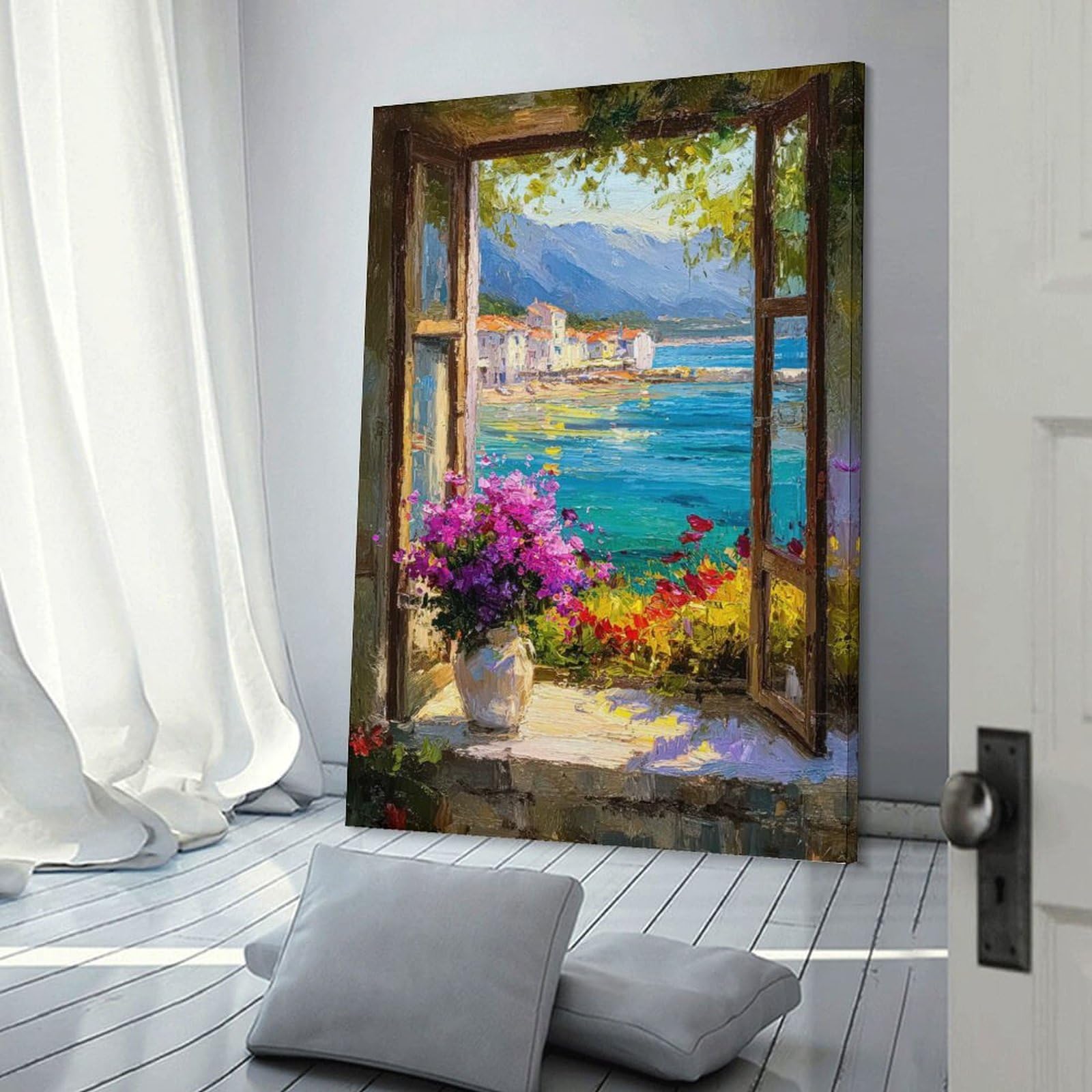 Junmoney Window View of Mediterranean Coastal Town Wall Art Print, 12x18inch(30x45cm), for Front Hall, Corridor Or Welcome Spaces, Wall Decor to Refresh Empty Corners