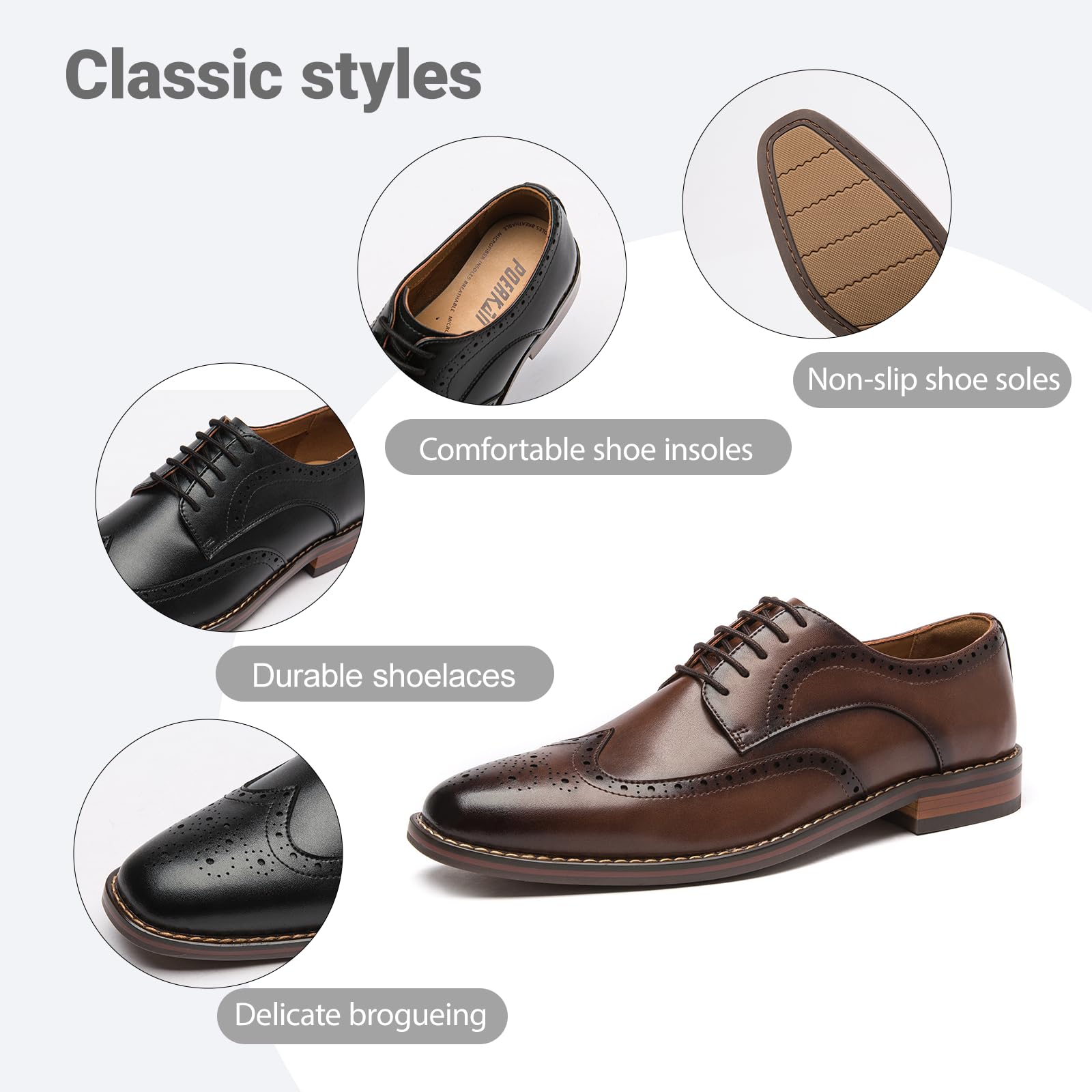 Poerkan Men's Oxford & Derby Formal Dress Shoes: Lace - up Leather Classics in Black And Brown with Patent Brogue Details