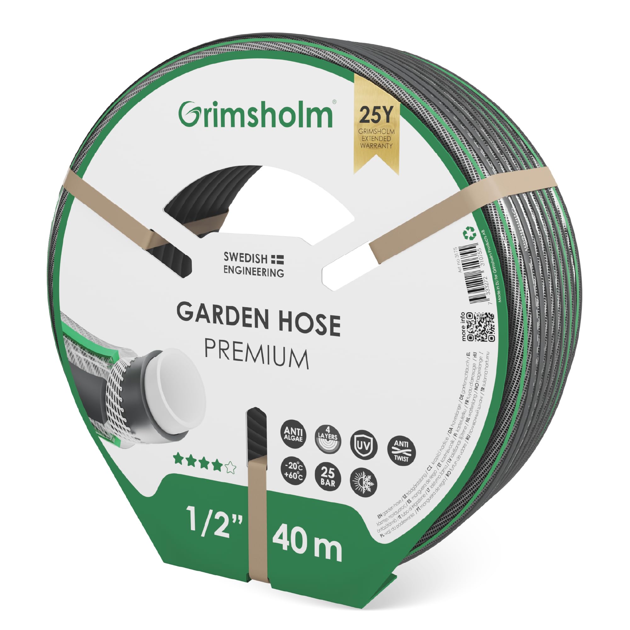 Grimsholm Gartenschlauch Premium, 40 m, UV-beständig, Verdrehschutz, Frei von Phthalaten und Schwermetallen
