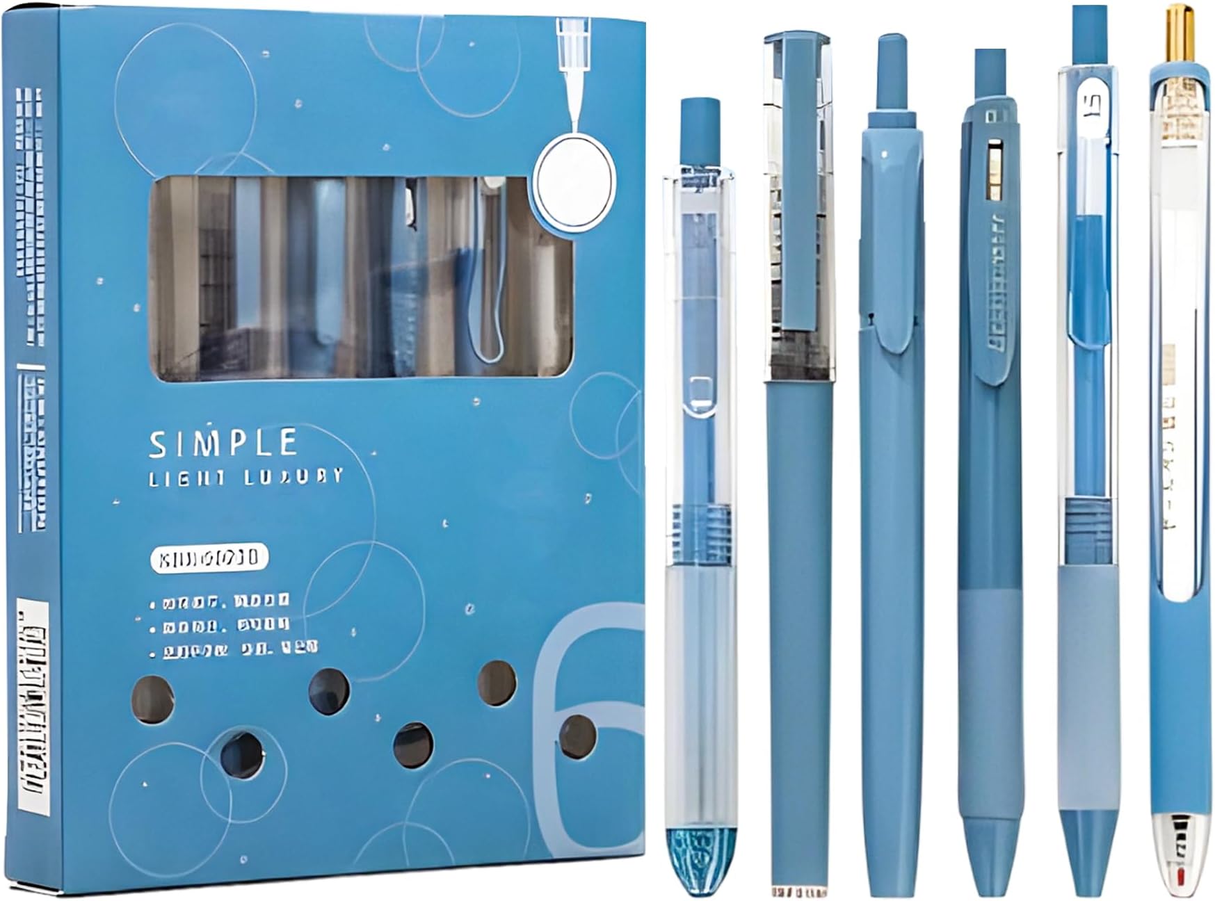 WISHKEY Stylish Retractable Pens for Kids, 0.5mm Stationery Gel Pen Set for Girls & Boys, Smooth Writing, Quick Dry Ink Pens with Highlighter, Elegant Blue Pen Body, Blue Ink, 8+Years (Set of 6)