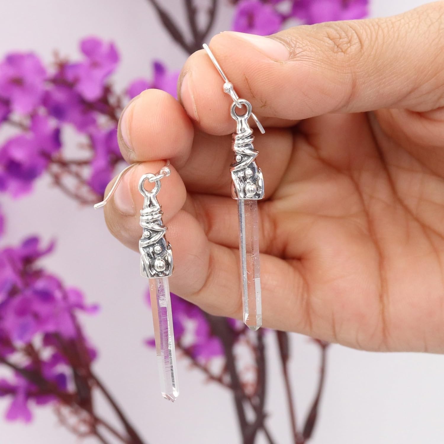 Lemurian Crystal Quartz Earrings in 925 Sterling Silver, Healing Crystal Earrings Jewelry for Women Trendy Quartz Pencil Vintage Style Earrings