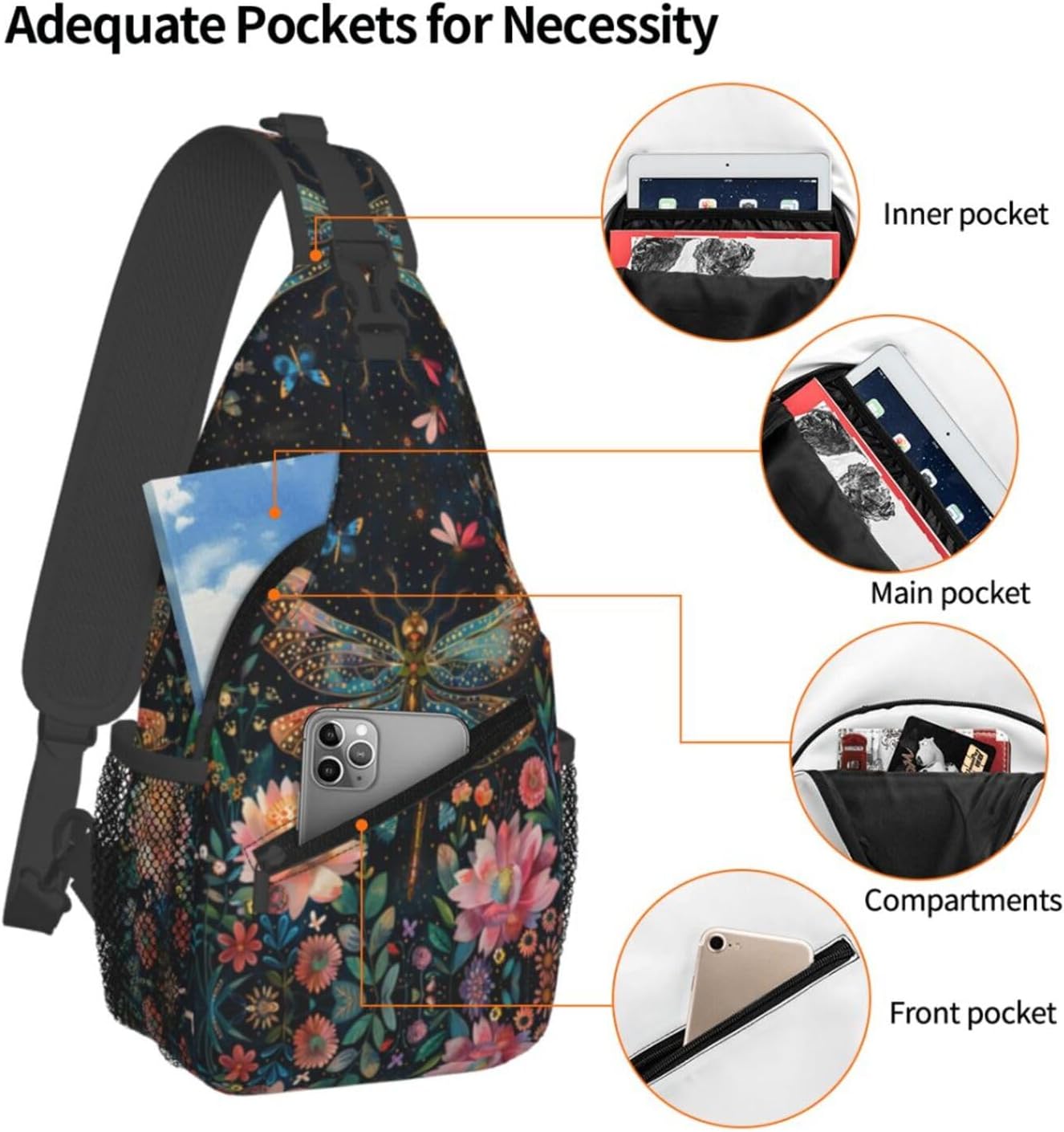 Crossbody Bag Floral Dragonfly Sling Bag Backpack Chest Bags Shoulder Bag for Women Men