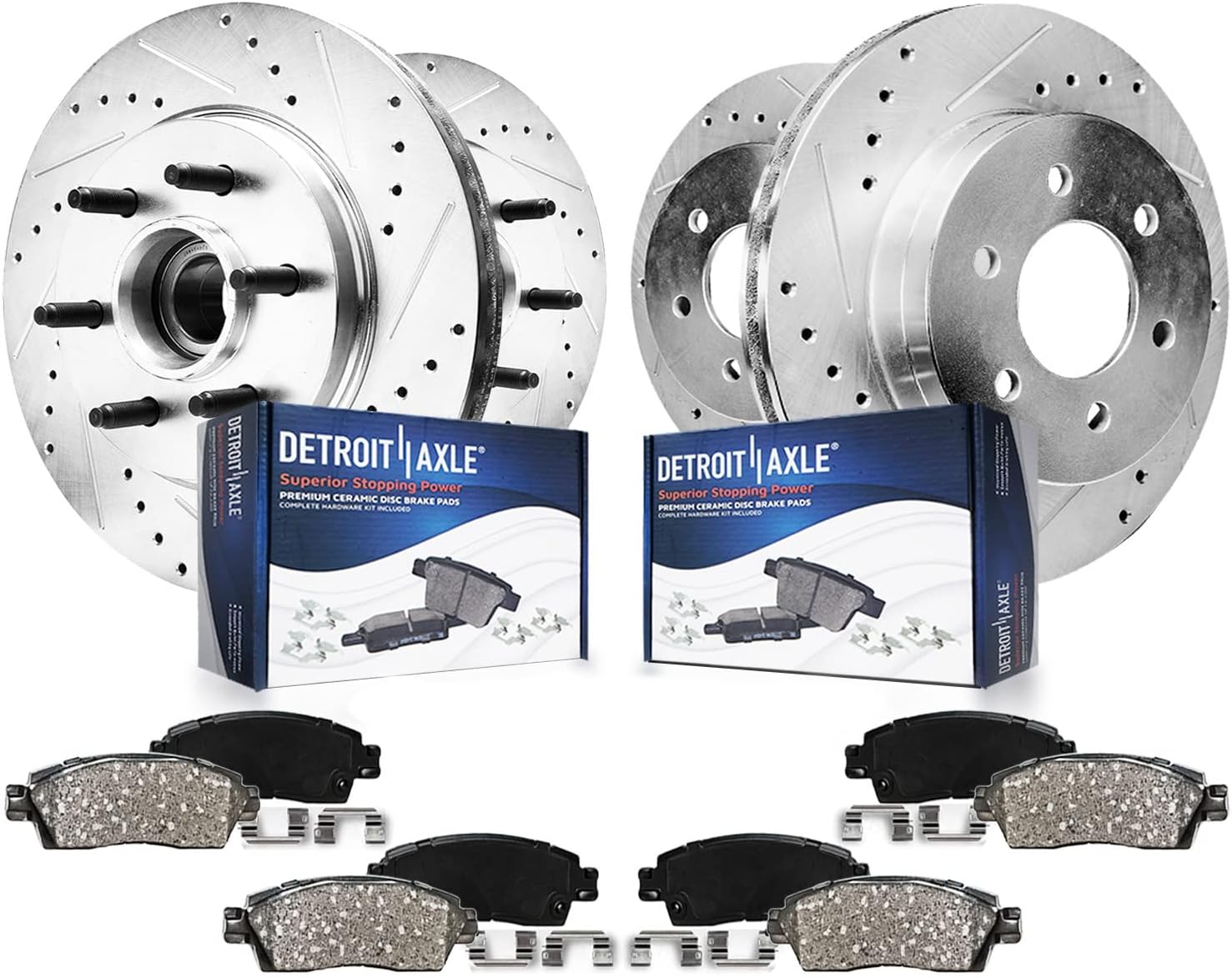 Detroit Axle - RWD Brake Kit for 2004-2008 Ford F-150 Lincoln Mark LT Drilled & Slotted Disc Brakes Rotors Ceramic Brake Pads 2005 2006 2007 Replacement : 12.99" inch Front and 13.69" inch Rear Rotor