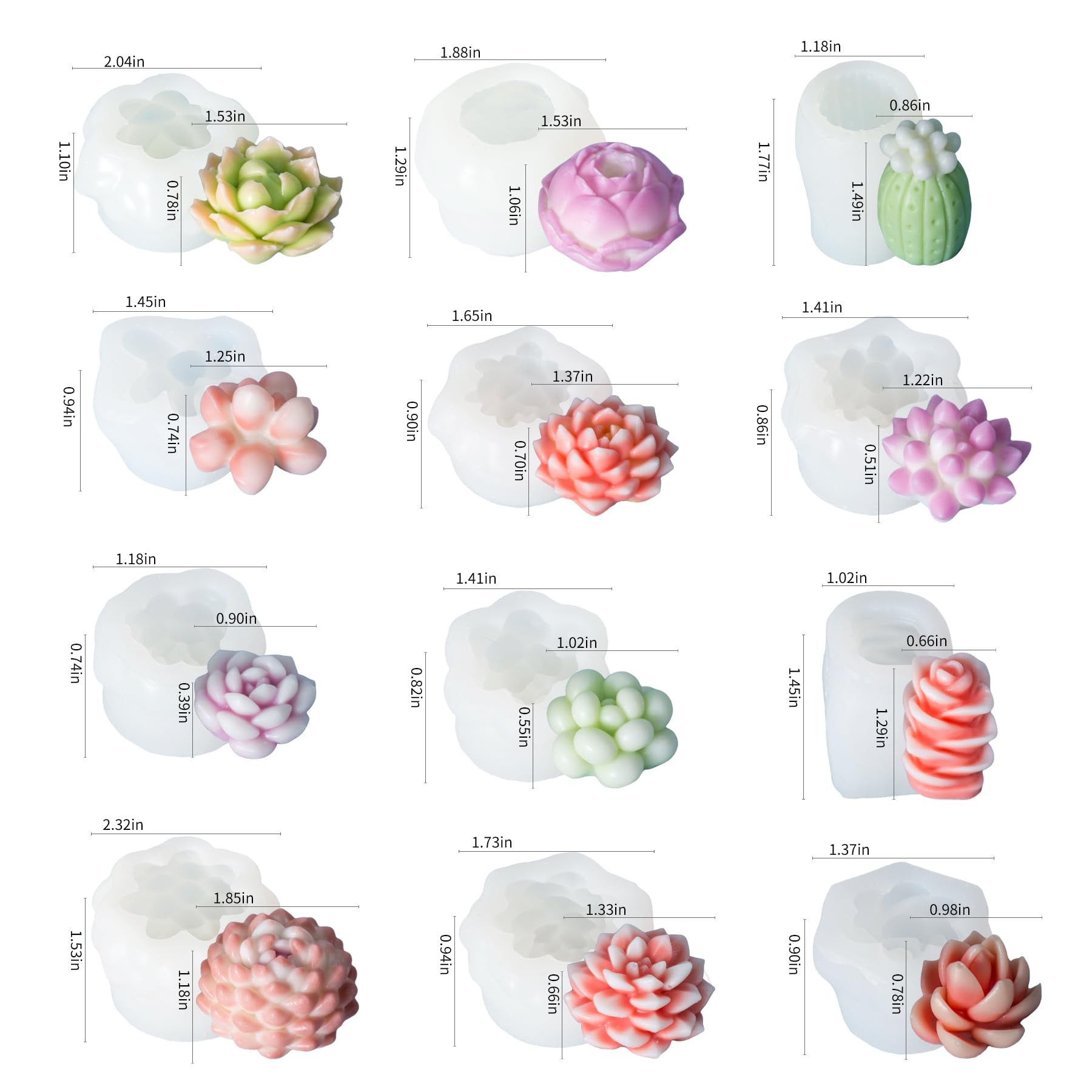 Moldes para velas suculentas, 12 moldes de silicona para velas suculentas para hacer velas, moldes de silicona de cera de resina suculenta 3D