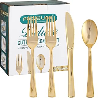 FOCUSLINE 160 Pack Gold Plastic Silverware Set - 80 Forks, 40 Knives, 40 Spoons - Disposable Flatware Heavy Duty Plastic Cutlery Set for Catering, Parties, Dinners, Weddings