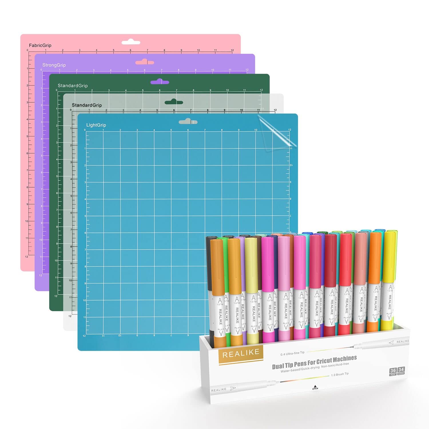 REALIKEVariety Cutting Mat for Cricut (5Mats) and 36 Pack Dual Tip Pens for Cricut Machine