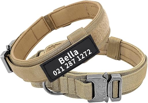 Personalized Military Tactical Dog Collar with Handle, Custom Pet Name Tags for Medium Large Dogs Walking Training Khaki, L