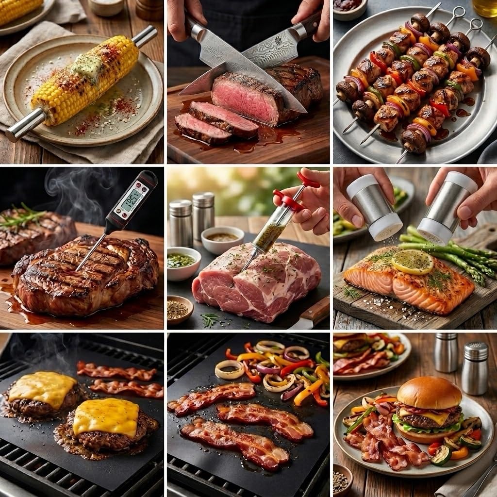 Set Accessori Barbecue 26 Pezzi, Kit Utensili Griglia in Acciaio Inox Robusto con Termometro, Seringa e Grembiule, Regalo Barbecue Perfetto per Uomo e Papà, Ideale per Grigliata all'aperto