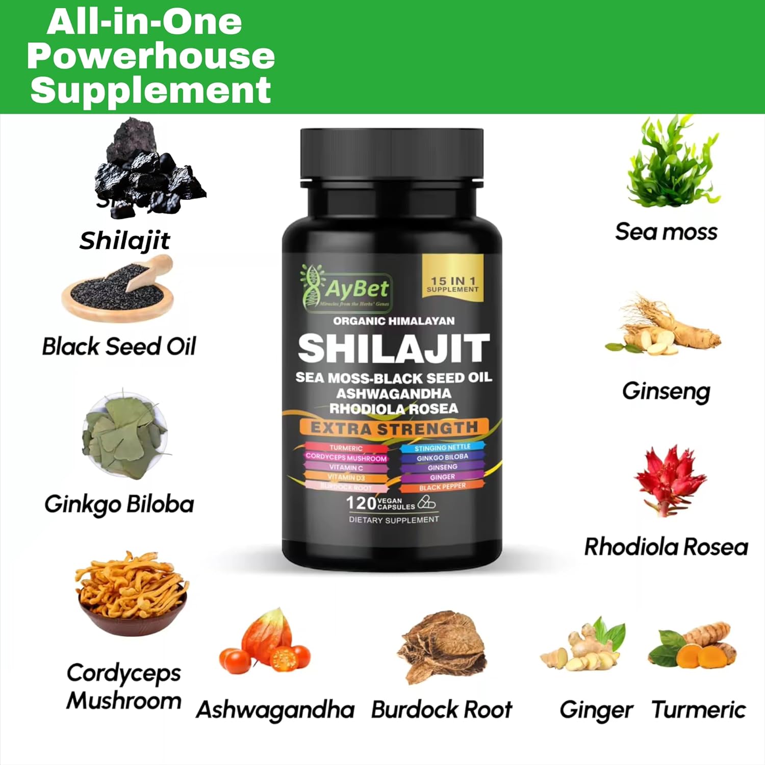 Shilajit for Men and Women-Organic Himalayan Shilajit Capsules with Sea Moss, Black Seed Oil, Ashwagandha, Rhodiola Rosea, Burdock, Cordyceps Mushroom, Ginseng, Turmeric, Ginger, 120 Capsules