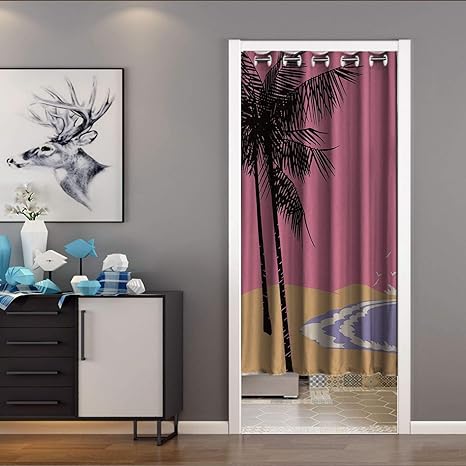 Amazon 間仕切りカーテン ビーチシーン 遮熱断熱 かわいい のれん ロング カーテン 断熱 目隠し グレー 遮光 オーダー可能 幅150 丈0 のれん オンライン通販