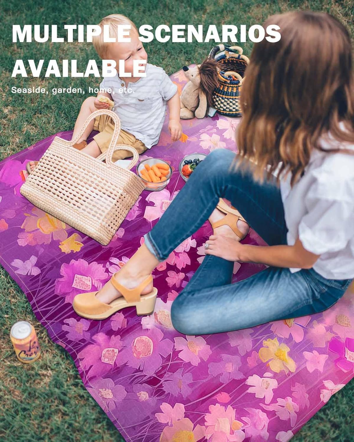 Beach Blanket Waterproof Sandproof Beach Mat,Watercolor Purple Gradient Floral Blossom Picnic Blankets with Sand Pockets and Stakes,Pastoral Flower Oil Painting Outdoor Pad for Seaside 118x108In