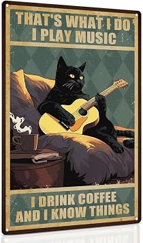 ALKB Black Cat Play Music Drink Coffee Metal Tin Sign Vintage Decor 8x12"