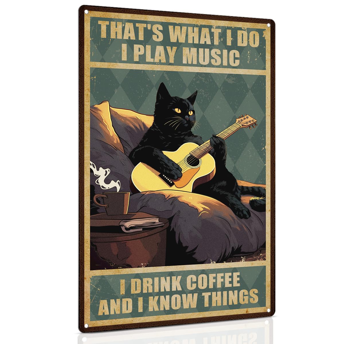 ALKB Guitar Art Black Cat Sign - Thats What I Do I Play Guitar and I Know Things 8x12 Inch - Guitar Player Gift Ideas