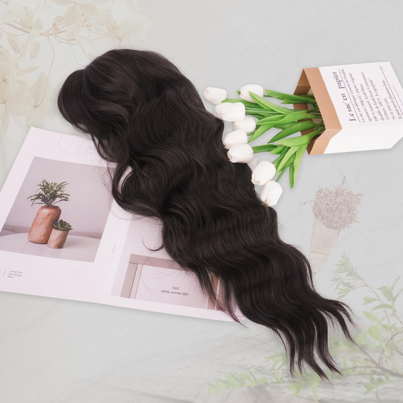 FESHFEN Parrucca Marrone Scuro Ondulata con Frangia per Donna, 65 cm Parrucche Lunga Ondulati Ricci Sintetici Naturali Capelli Parrucca Resistente al Calore per Uso Quotidiano Festa