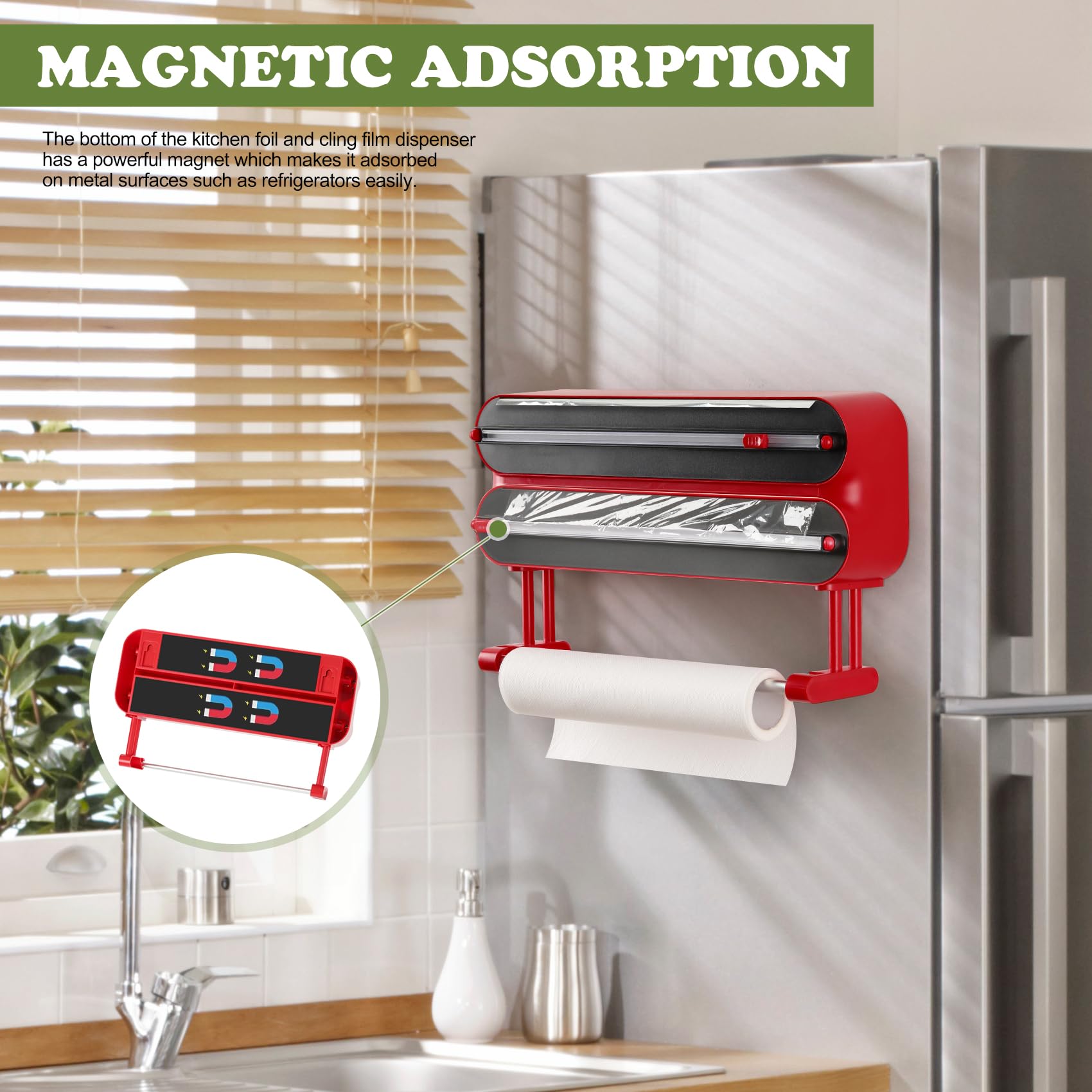 Quasziwa Magnetic Cling Film & Tin Foil Dispenser with Cutter, Fits 31cm Rolls, 3-in-1 Kitchen Roll Holder - Image 3