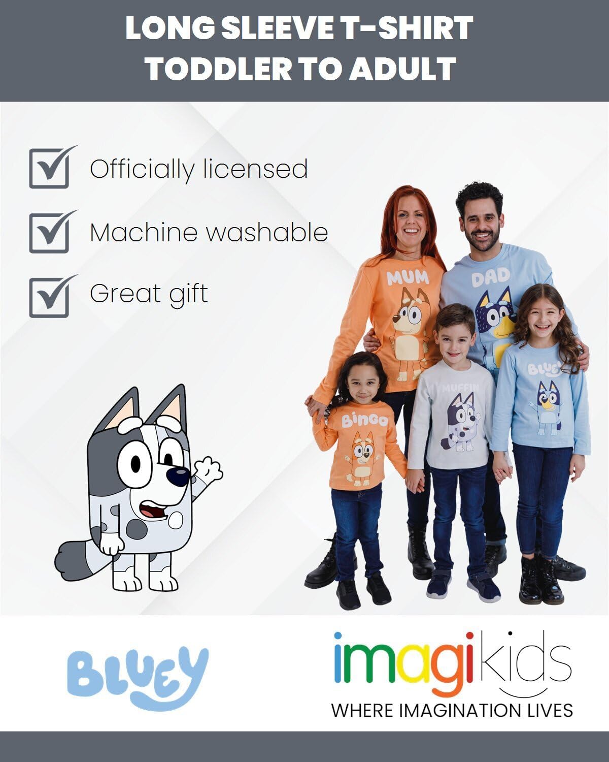 Bluey Bingo Chilli Mom Bandit Dad Long Sleeve Matching Family T-Shirt Toddler to Adult