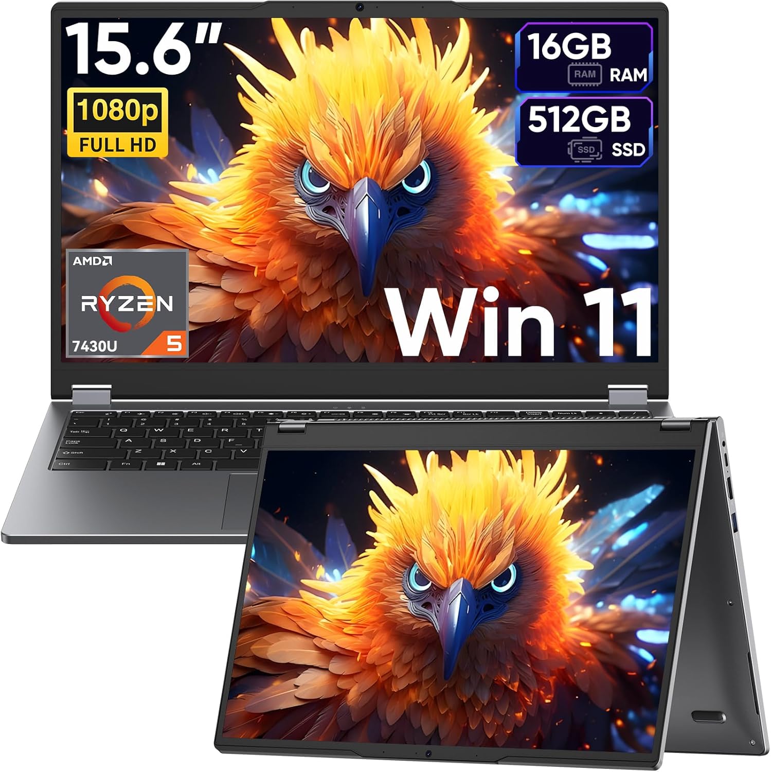 15.6" 2-in-1 Laptop/Tablet with 120Hz Incell Touchscreen,AMD Ryzen 5 7430U (6-Core up to 4.0GHz),16GB RAM 512GB SSD,360° Flip,FHD,Win 11,Backlit Keyboard for Creative Work,Business & Student