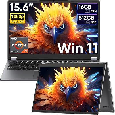 15.6" 2-in-1 Laptop/Tablet with 120Hz Incell Touchscreen,AMD Ryzen 5 7430U (6-Core up to 4.0GHz),16GB RAM 512GB SSD,360° Flip,FHD,Win 11,Backlit Keyboard for Creative Work,Business & Student