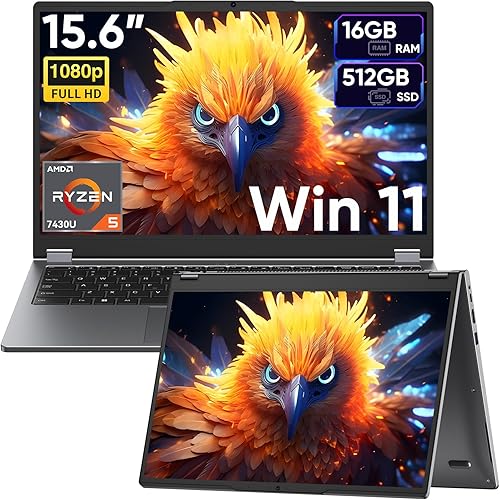 15.6" 2-in-1 Laptop/Tablet with 120Hz Incell Touchscreen,AMD Ryzen 5 7430U (6-Core up to 4.0GHz),16GB RAM 512GB SSD,360° Flip,FHD,Win 11,Backlit Keyboard for Creative Work,Business & Student