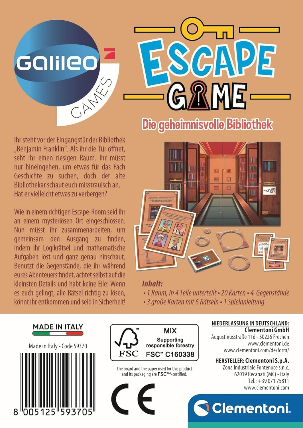 Clementoni Galileo Escape Game - The Mysterious Library - Escape Game for Children from 8 Years - Board Game & Family Game 59370