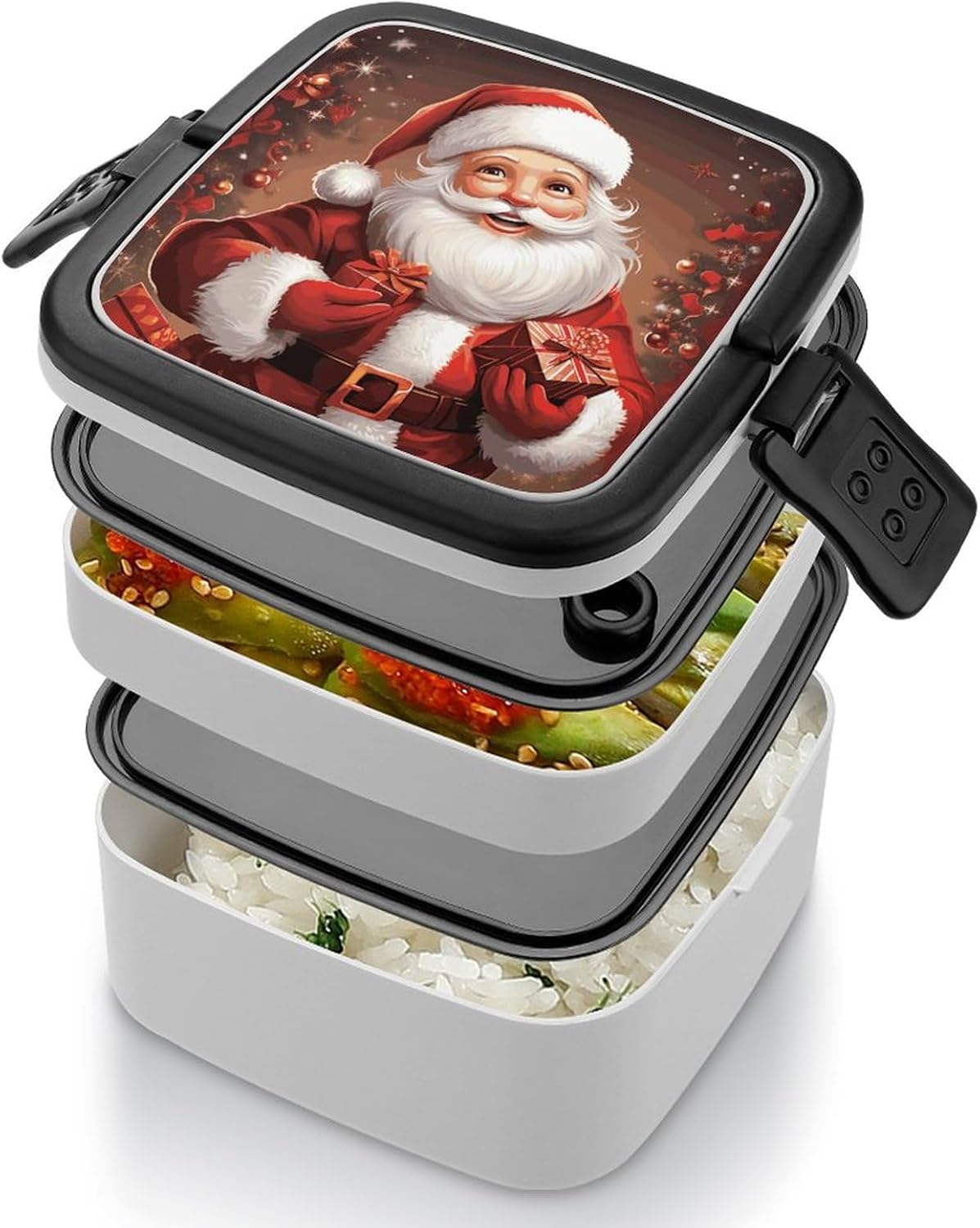 Bento Box with Spoon And Handle Santa Claus Xmas Gifts Printed Stackable Bento Box Portable Bento Lunch Box Container for Work Camping And Travel