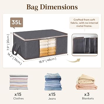 Lifewit 35L Clothes Storage Bags with Clear Window, Foldable Underbed Clothes Covers, Organisers for Clothing, Bedding, Sweaters Protection, 3 Pack, Grey