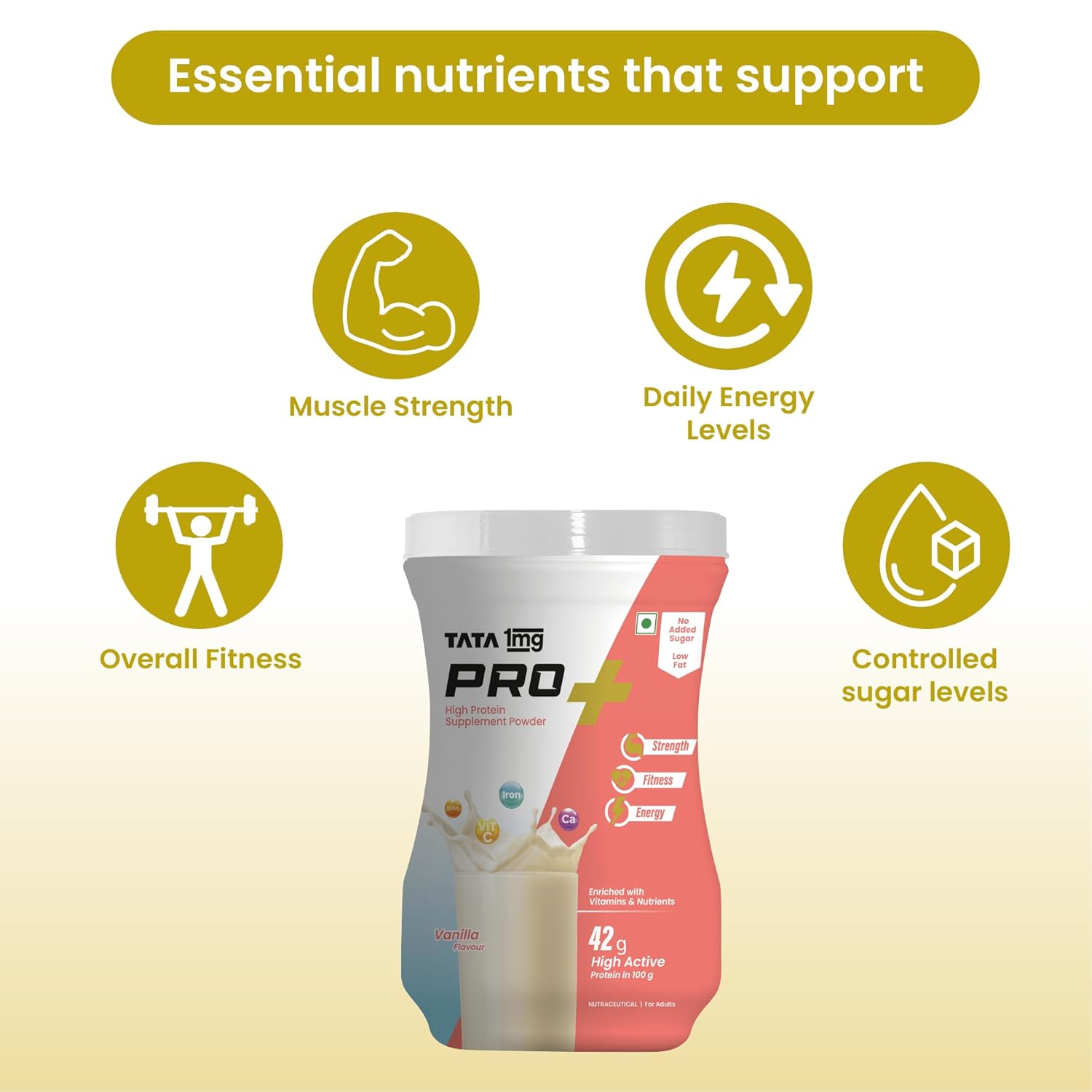 Tata 1mg Pro+ Soy Protein Supplement Powder- High Protein for Muscle & Bone Strength, Overall Fitness, and Energy with 23 essential nutrients,Low Fat & No Added Sugar,Vanilla Flavour Tata 1mg Pro+ Soy Protein Supplement Powder- High Protein for Muscle & Bone Strength, Overall Fitness, and Energy with 23 essential nutrients,Low Fat & No Added Sugar,Vanilla Flavour