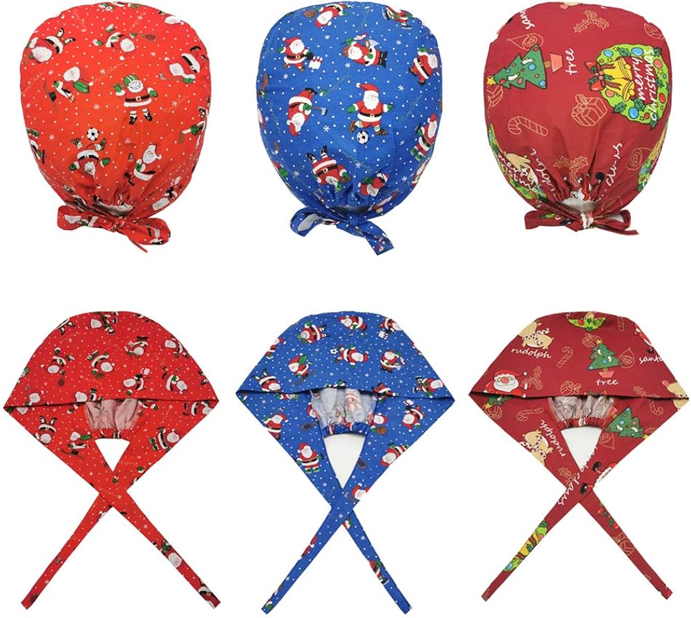 Cute Printed Working Cap with Button and Sweatband Adjustable Bouffant Hats for Women Men (3 Pcs