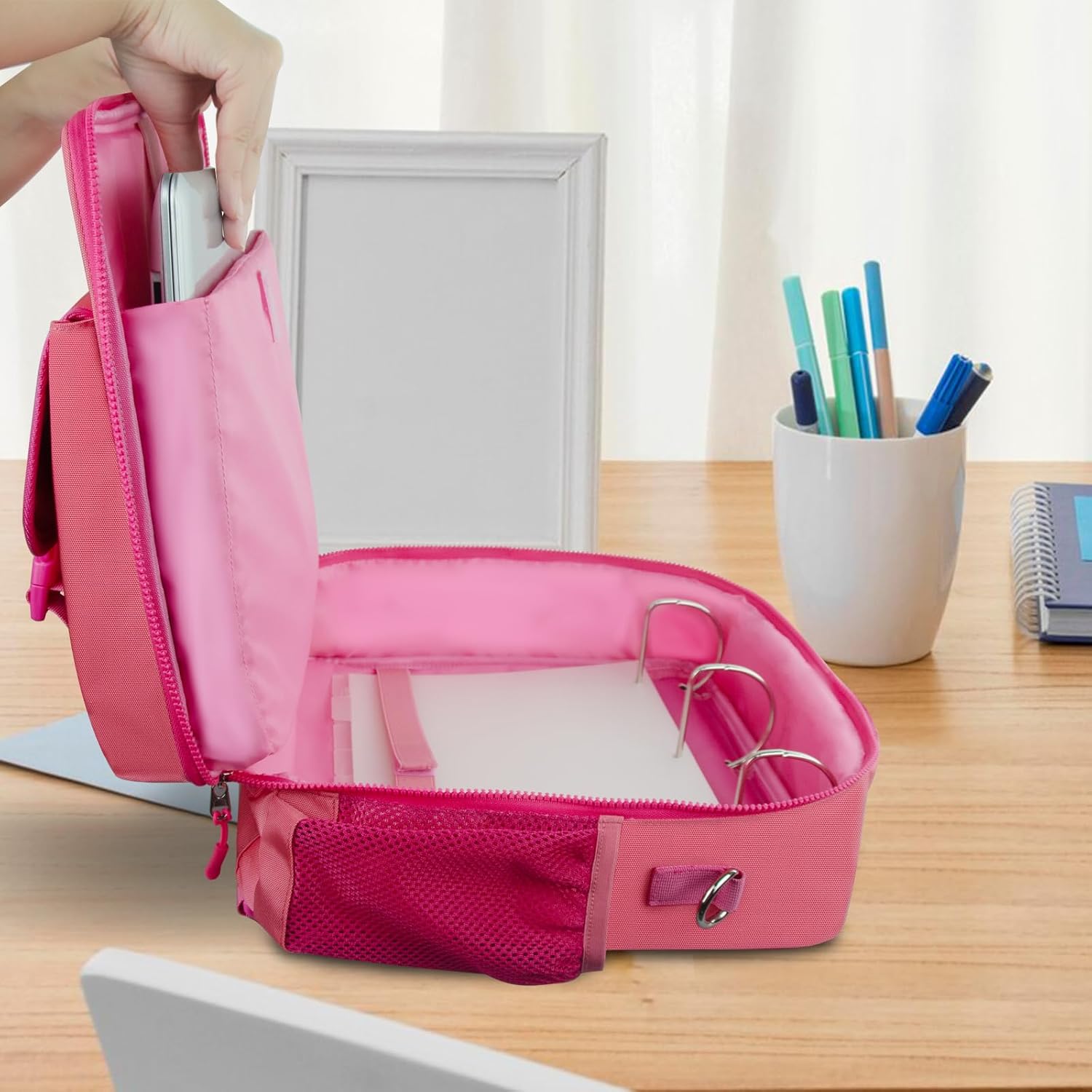 Zipper Binder 700-Sheet 3-inch D Ring with Multiple Pockets Folder Up 14" Laptop Detachable Backpack Straps & Shoulder Use for School and Office（red）