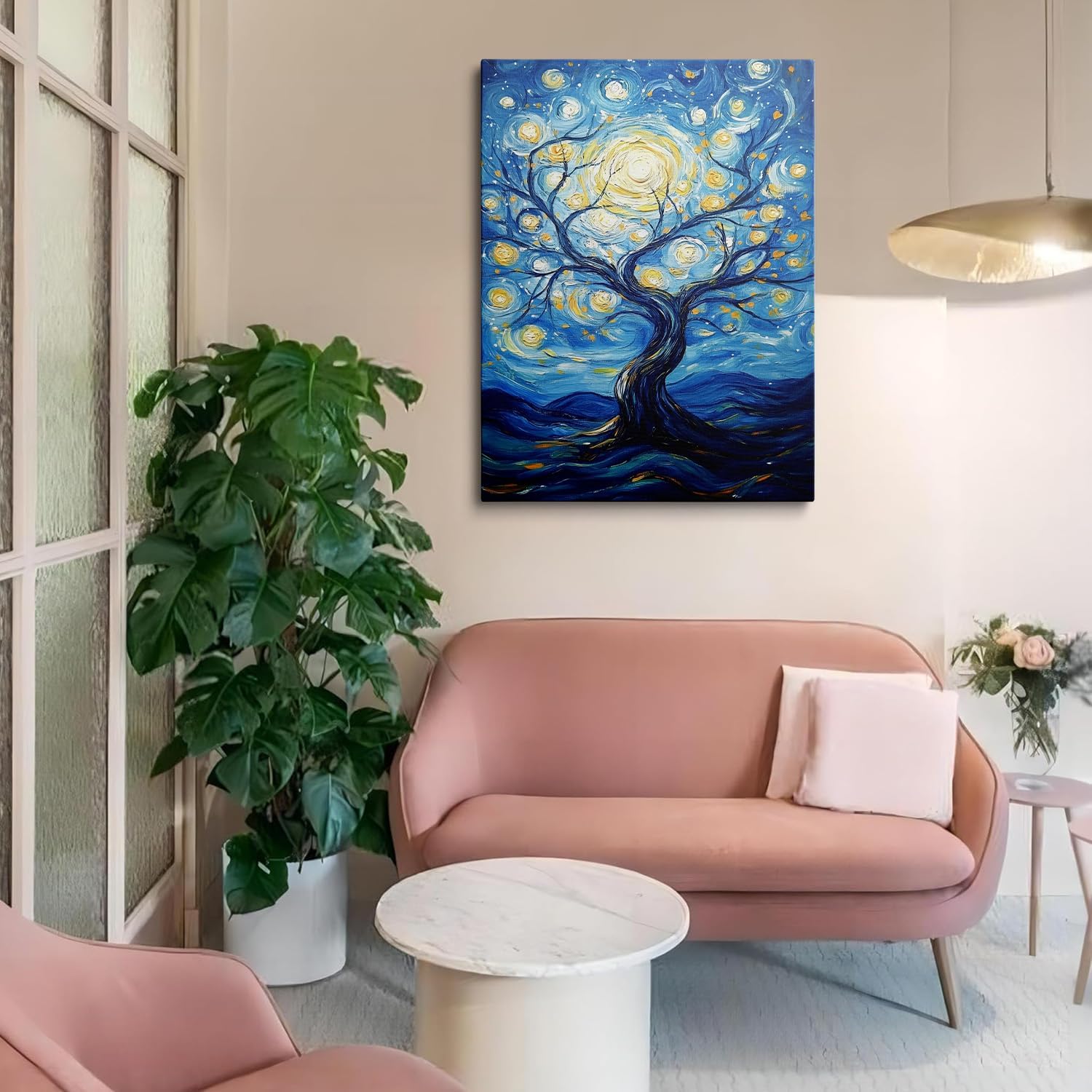 Framed Van Gogh Canvas Wall Art Set, Colorful Abstract Tree of Life & Starry Night Paintings, Boho Wall Decor for Living Room, Bedroom, Bathroom, Blue Artwork for Walls Ready to Hang (16''x24'')