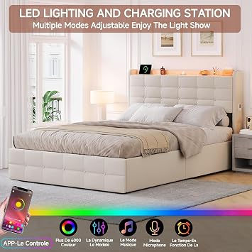 Double Bed Frame with Storage, 4ft6 Storage Bed with 4 Drawers and Side Pocket, Upholstered Bed with USB and Type-C, Wooden Slats, Metal, Grey, 135x190 cm (No Mattress) (Beige, 135 x 190 cm)