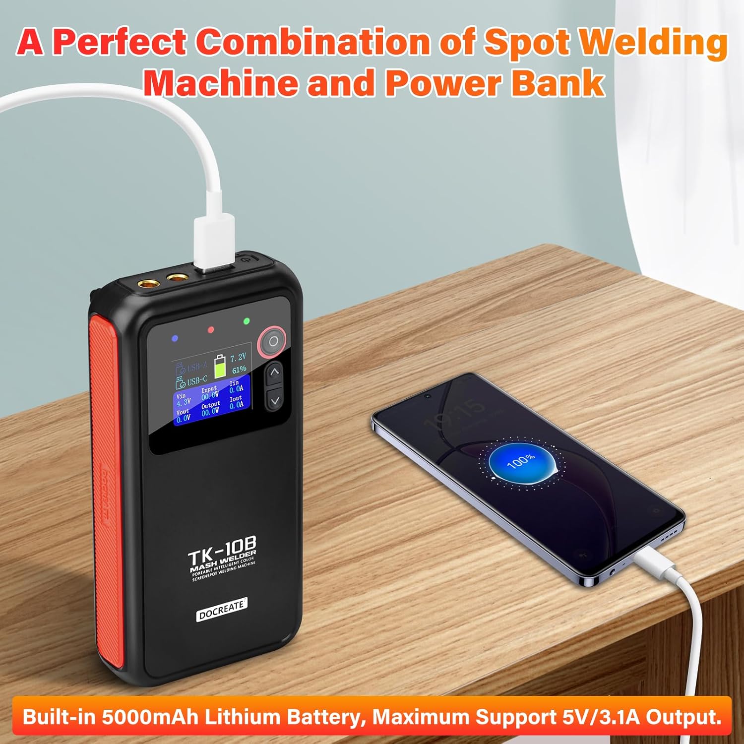 Spot Welder & Power Bank 2-in-1 with LCD Display, FORIOT 5000mAh Battery Rechargeable Spot Welder Multi-level Adjustable Output for 18650 Battery 0.1-0.25mm Nickel Sheets (Stable Stand Included)