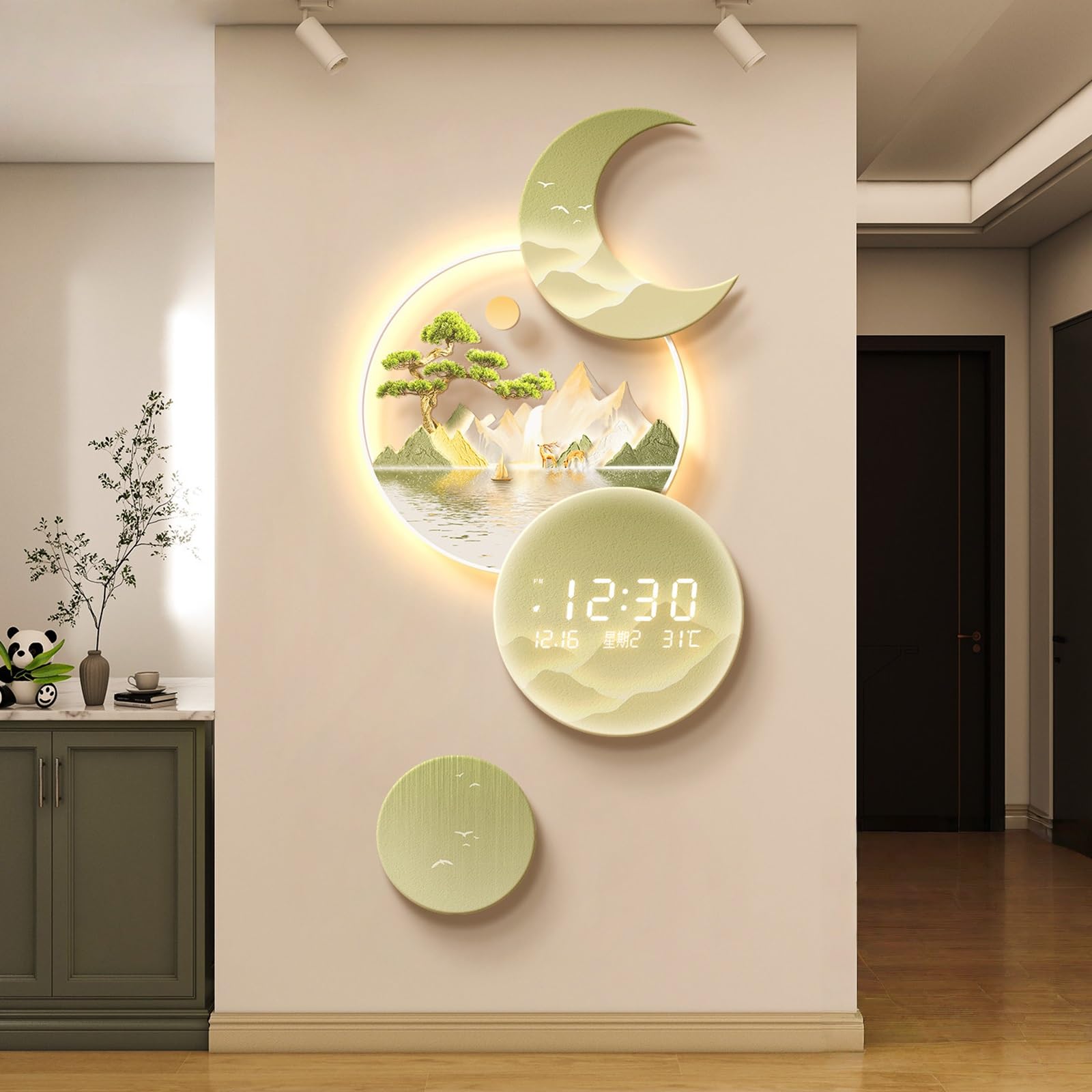 3D zegar ścienny LED – wielofunkcyjny zegar dekoracyjny z temperaturą, datą, wyświetlaczem tygodnia, świecąca rzeźba ścienna do salonu i przedpokoju, 50 x 84 cm
