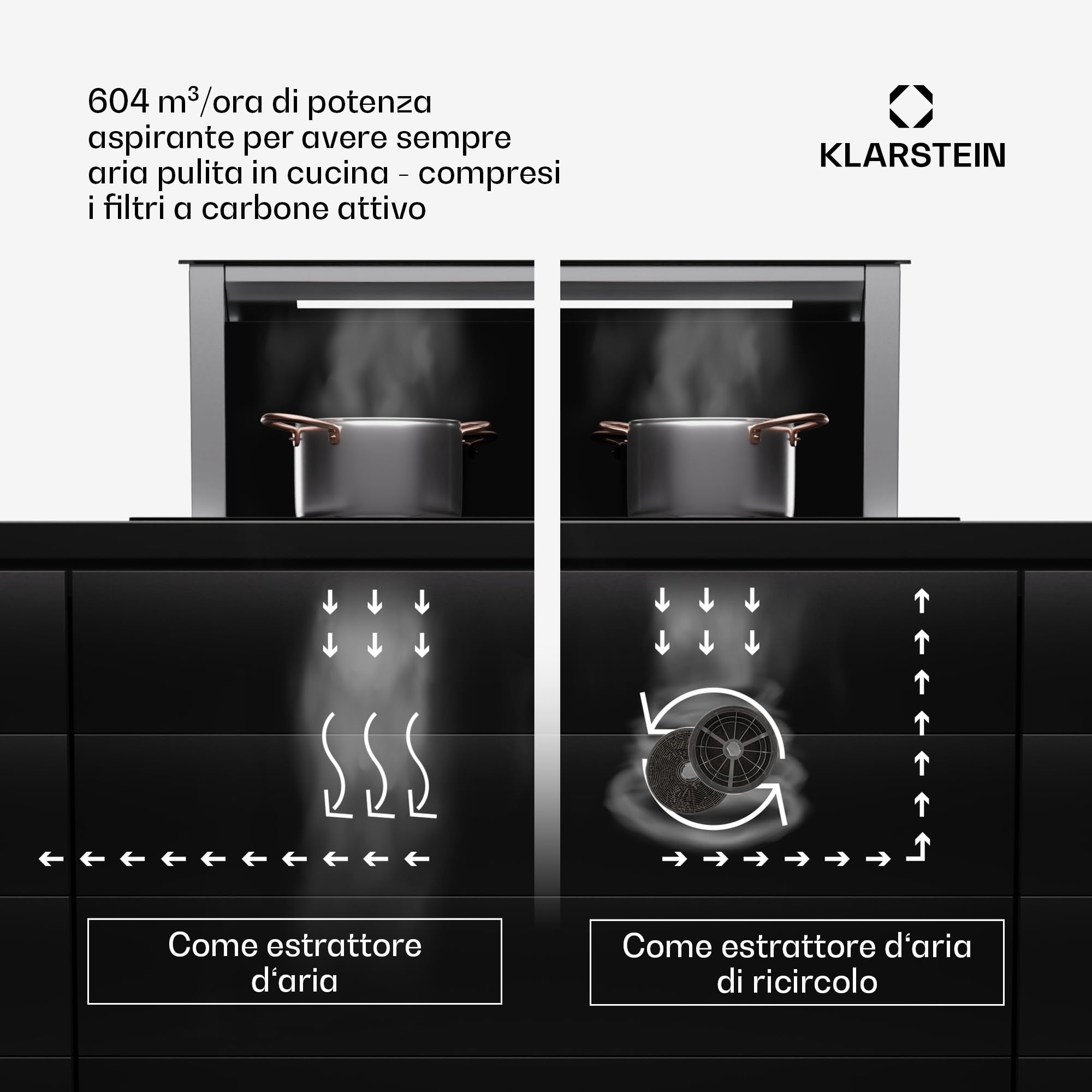 Cappa aspirante Klarstein 75 cm, cappa aspirante da cucina a scomparsa, cappa aspirante da cucina a ricircolo 2 in 1, portata d'aria 576 m³/h, cappa aspirante con luce LED e pannello touch, nero