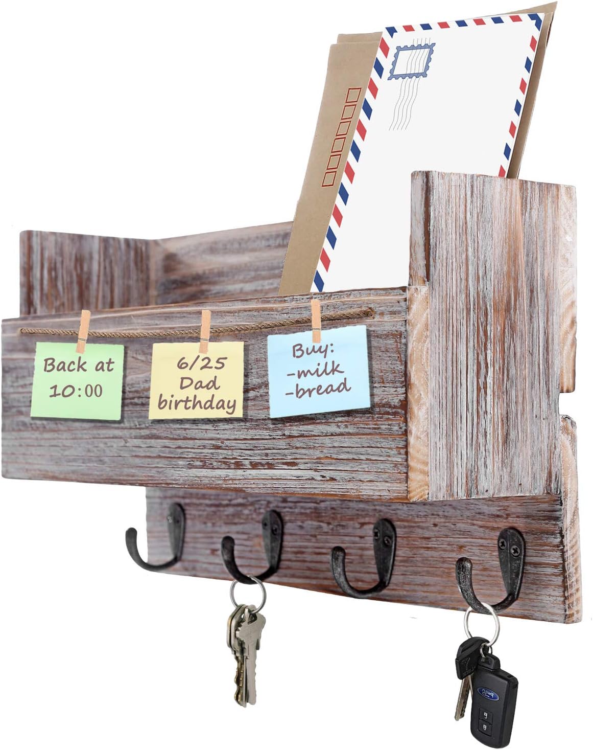 Halcent Entryway Organizer Wood Mail Holder Organizer, Rustic Key Holder Hooks Magazine Holder Letter Newspaper Storage Shelf