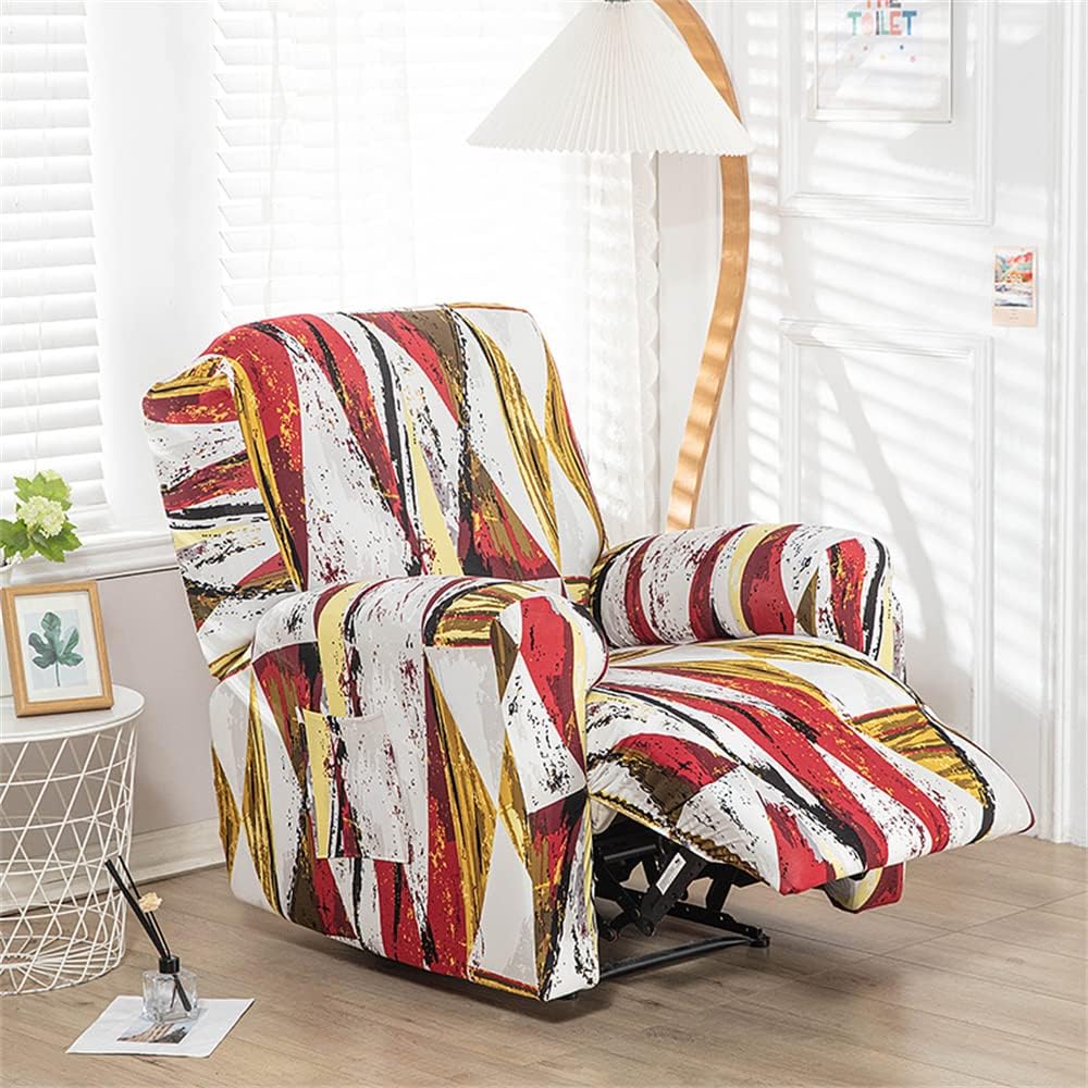Recliner Chair Covers with Pockets for Electric Chair, 4 Pieces Stretch Recliner Slipcovers Non Slip Sofa Cover Furniture Protector for Living Room (Red)