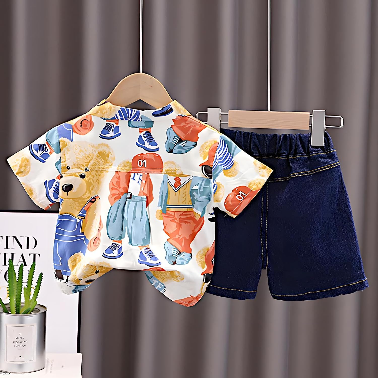 HONE BABY Cotton Big Teddy Bear Design Shirt and Denim shorts Clothing Set for Boys & Girls Unisex - Offwhite color offers donot miss